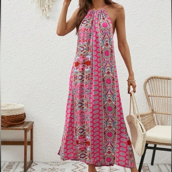 Boho Floral Paisley Print Backless Slit Halter Neck Maxi Pink - Picture 6 of 6